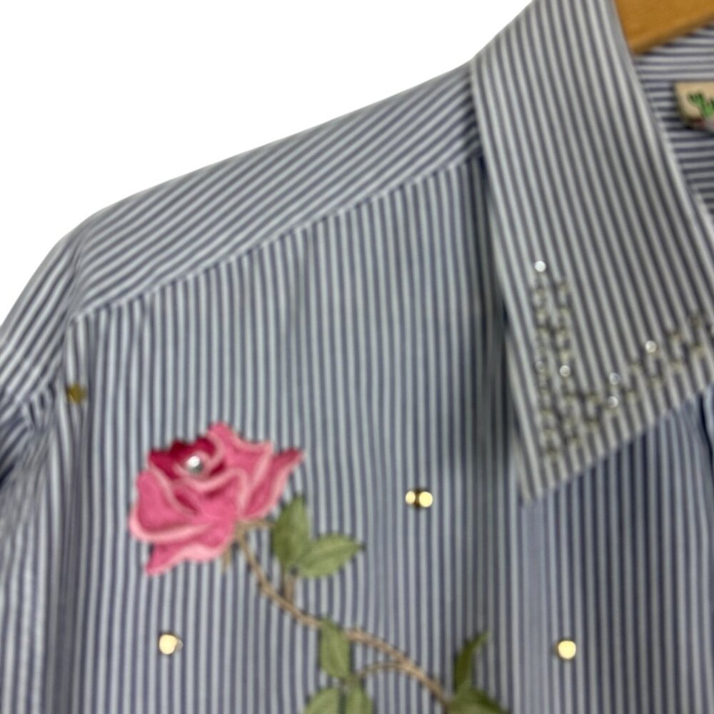 Cactus California Vtg 90s Shirt Women’s L/XL Blue White Stripe Embroidered Rose - Picture 5 of 14